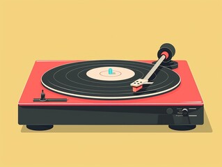 Vintage vinyl record player clipart, nostalgia theme, flat art, simple cartoon 2D