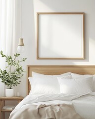 A bed with a white comforter and pillows, a wooden headboard