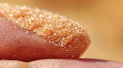 Detailed shot of a single grain of sand on a fingertip, ultra-sharp and clear