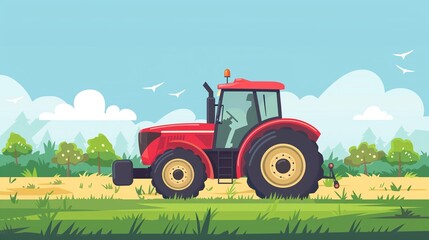 Obraz premium Agricultural farm tractor clipart, countryside, flat art, simple cartoon 2D emblem
