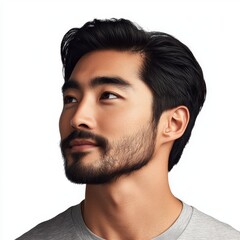 A smiling Asian man is shown in profile, from the side, on a white background