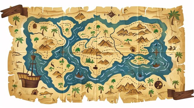 Antique treasure map clipart, adventure quest, flat art, simple cartoon 2D