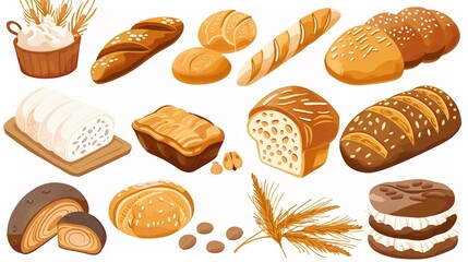 Artisanal bakery delights clipart, fresh loaves, flat art, simple cartoon 2D