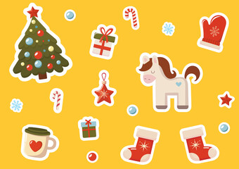  Christmas stickers with tree, gifts, and holiday items on a bright yellow background. Printing A4, A5, A6