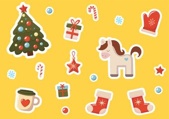  Christmas stickers with tree, gifts, and holiday items on a bright yellow background. Printing A4, A5, A6