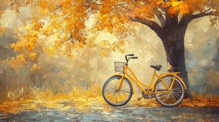 Obraz premium Illustration of a yellow bicycle in an autumn scene near a tree, in a textured canvas style. The generation of AI