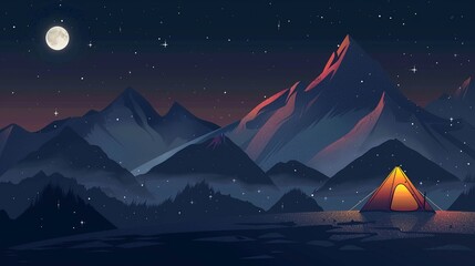 Breathtaking mountain base camp clipart, starry night, flat art, simple cartoon 2D