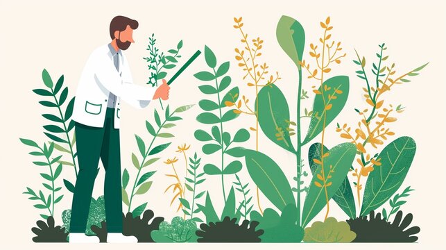 scientist examining plants, green leaves, white coat clip art preview