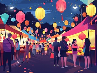 Bustling night market clipart, lanterns aglow, flat art, simple cartoon 2D emblem