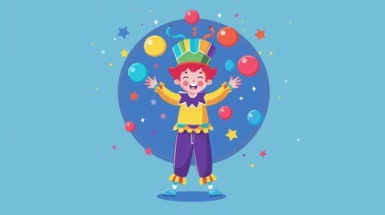 Naklejka premium Child as a circus performer, juggling colorful balls, talent show, logo, art, emblem, simple cartoon 2D
