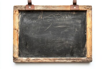 Obraz premium The hands of a man are holding an empty blackboard or chalkboard, isolated on a transparent background