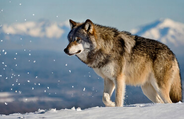 Big gray wolf falling snow mountains 