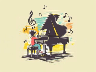 Child playing the piano, musical notes floating, art theme, logo, art, emblem, simple cartoon 2D