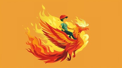 Obraz premium Child riding a fantasy phoenix, fiery wings spread, mythical journey, logo, art, emblem, simple cartoon 2D