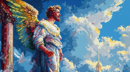 Fototapeta premium Christian religious background in colorful pixel-art style.