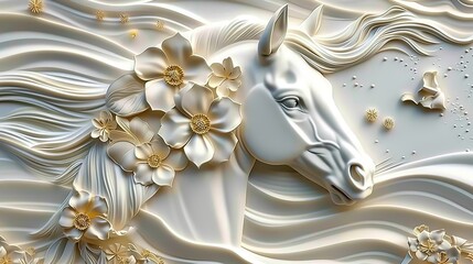 3D wallpaper featuring a horse with flowers in white and gold colors