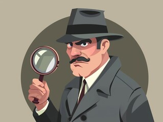 Classic detective agency clipart, magnifying glass, flat art, simple cartoon 2D emblem