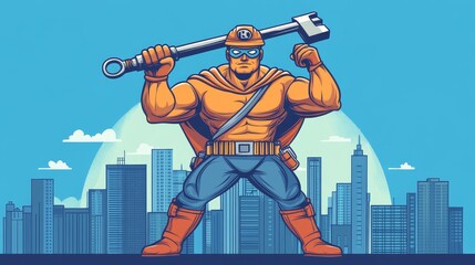 A muscular superhero plumber with a wrench stands proudly in front of a city skyline, symbolizing strength, reliability, and expertise in fixing any plumbing problem.