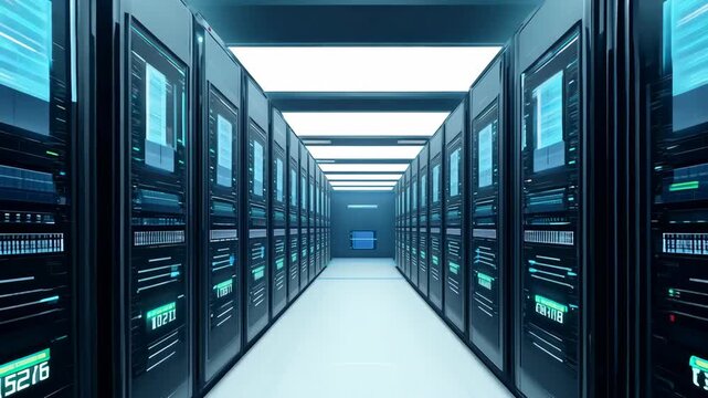 High-Tech Cloud Servers and Security Systems in Modern Data Center Animation