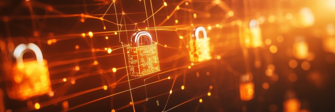 A network of glowing digital locks connected by lines, symbolizing secure data, digital protection, online safety, data privacy, and cybersecurity.