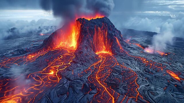 The scene is apocalyptic, with flaming lava scalding and gushing out of the crater, volcanic fumes, and smoke billowing around.