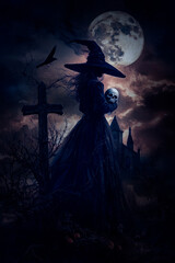 Fototapeta premium Halloween witch holding a skull standing over cross, church, crow, dead tree, full moon and cloudy sky, Halloween mystery concept