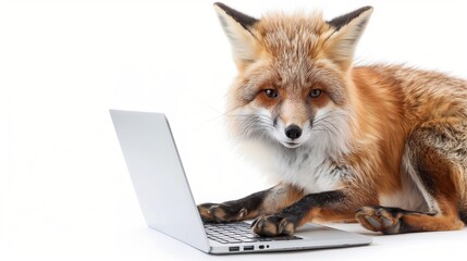 Obraz premium Fox using laptop on white background in studio.