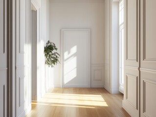 A large, empty room with a white door and a potted plant in the corner