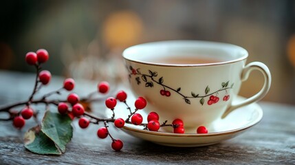 Fototapeta premium A porcelain teacup with delicate floral patterns, filled with steaming tea. A sprig of red berries rests beside the cup, symbolizing warmth, coziness, and the beauty of autumn.