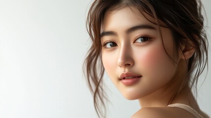 Fototapeta premium Beautiful young Korean woman with clean fresh skin, Face care, Facial treatment, Cosmetology, beauty and spa concept.