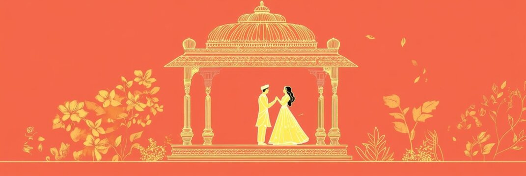 A romantic illustration of a bride and groom standing under a golden canopy, surrounded by delicate floral designs, symbolizing love, tradition, celebration, and new beginnings.