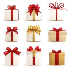On a transparent background, there are a set of Christmas gift boxes