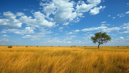 Fototapeta premium A breathtaking expanse of golden meadows under a vast blue sky, where fluffy clouds drift lazily, capturing the serenity and beauty of nature in its purest form.