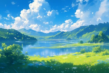 Serene Landscape Painting with Blue Sky, Green Mountains, Lake and Meadow. Nature Artwork for Home Decor or Digital Background.