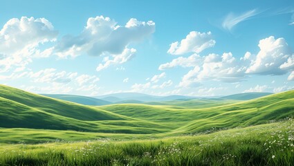 Obraz premium A Captivating Landscape of Rolling Green Hills Under a Bright Blue Sky Filled with Fluffy White Clouds, Inviting Serenity and Peace in Nature's Embrace.