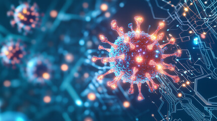 Fototapeta premium A futuristic graphic depicting a virus merged with intricate electronic circuits, symbolizing the fusion of synthetic biology and advanced technology, with glowing digital elements