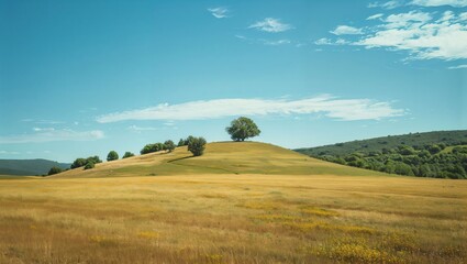 Fototapeta premium A serene landscape showcasing a vibrant hillside adorned with a solitary tree beneath a clear blue sky, capturing the essence of tranquility and natural beauty.