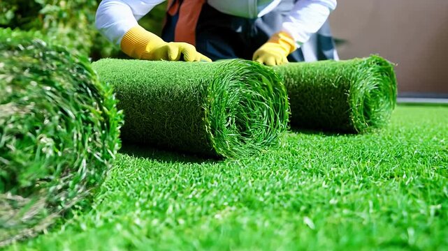 A person is laying down three rolls of green grass on a lawn. The rolls are placed in a row, and the person is wearing a yellow apron. Concept of hard work