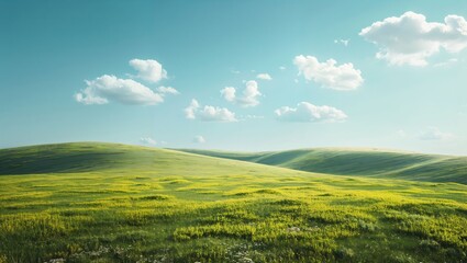 Fototapeta premium An expansive view of lush green hills under a bright sky filled with fluffy clouds, embodying the serene beauty and tranquility of nature's vibrant landscapes.