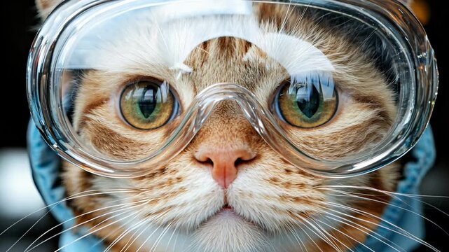 A cat wearing a pair of goggles and a blue hoodie. The cat has a serious look on its face