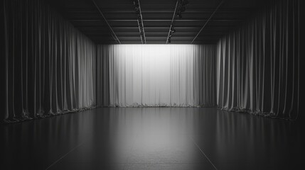 A stage lit by a spotlight,  surrounded by dark curtains symbolizing opportunity, unveiling,  a new beginning, a mystery to be revealed,  and a blank canvas.