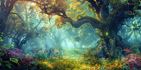 A magical forest at twilight ethereal light Resplendent
