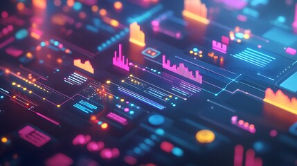Fototapeta premium Technology adoption analysis, digital icons and trend lines, 3D illustration