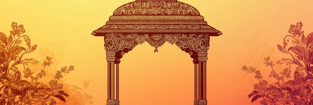 A traditional archway adorned with intricate carvings and floral accents, symbolizing love, celebration, and new beginnings. The warm background evokes a sense of joy and festivity.