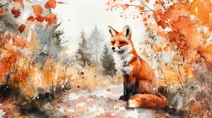 Fototapeta premium Watercolor fox sitting on nature trail in fall season. The generation of AI
