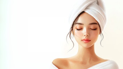 Beautiful asian model with glowing skin enjoying a relaxing facial spa treatment, isolated on a white background.