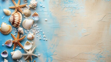 Obraz premium Various seashells and starfish are scattered on a sandy surface by the water