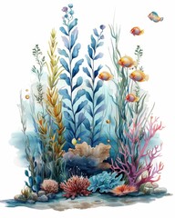 Fototapeta premium Underwater themed party decorations, oceanic theme, watercolor style, isolated on white background