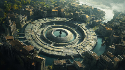 Fototapeta premium A historical European city with concentric circular buildings and water channels, featuring