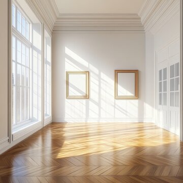 A large room with two empty frames on the wall